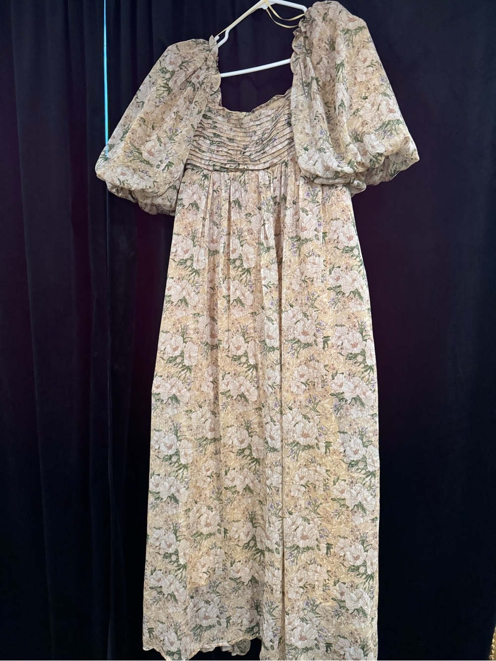 Cream Floral Maxi Dress with Puff Sleeves